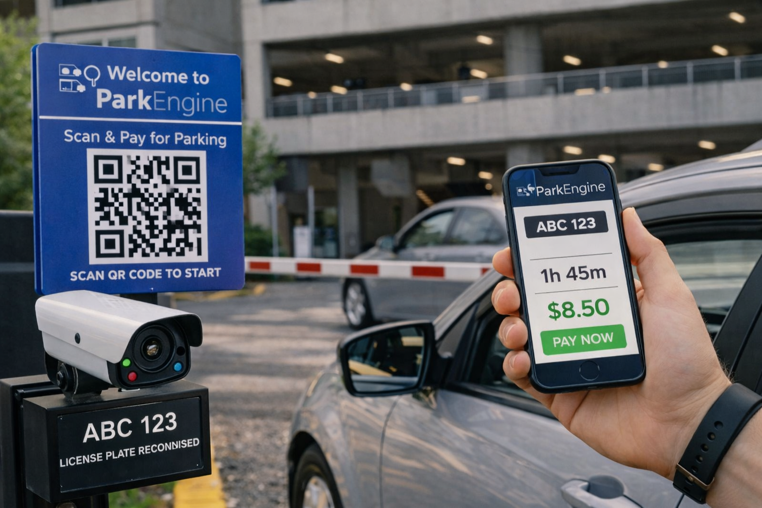 ParkEngine QR parking entry with vehicle and mobile payment